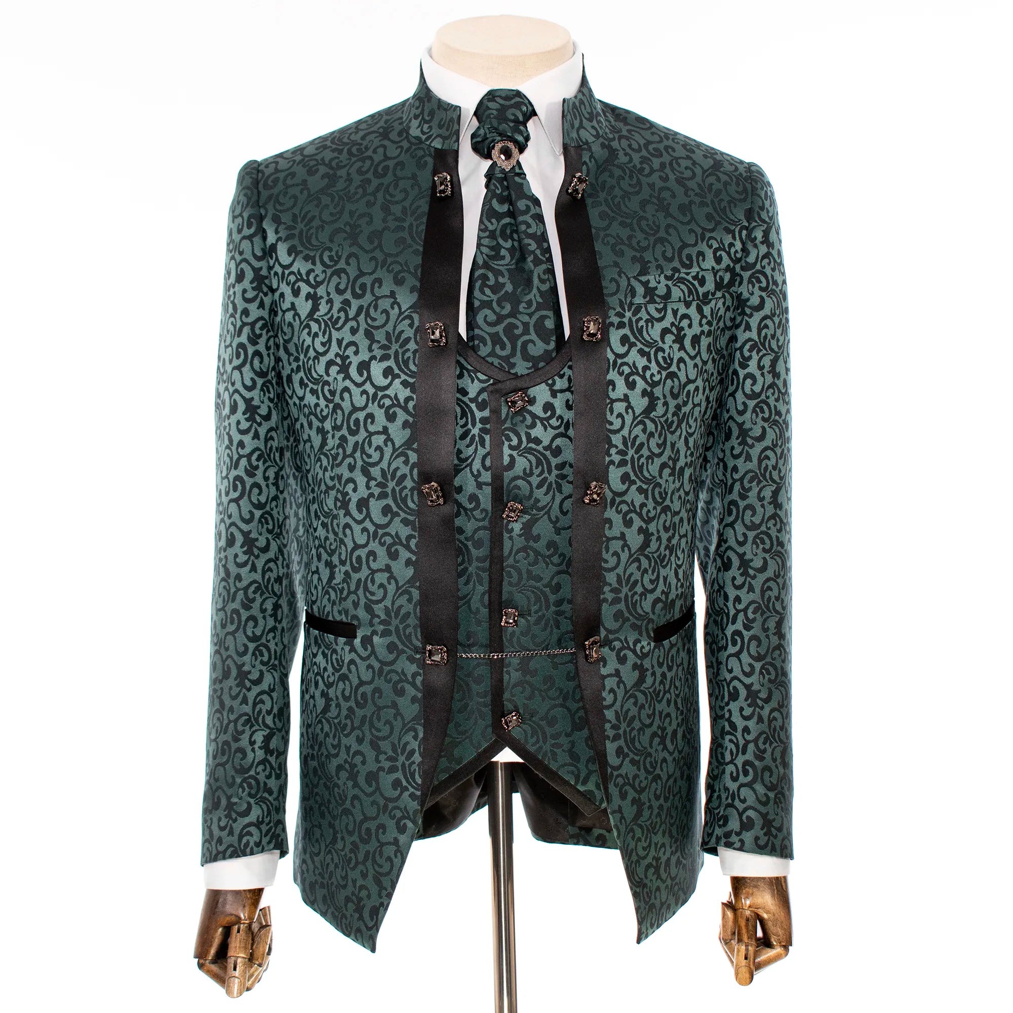 Jade Filigree 3-Piece Slim-Fit Tuxedo with Banded Collar
