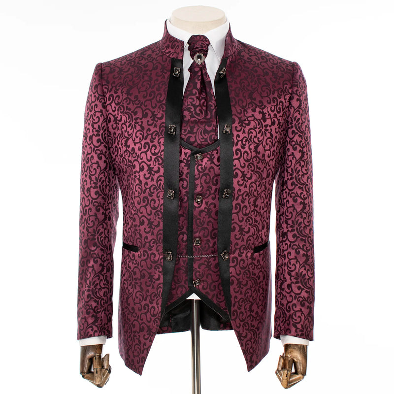 Wine Filigree 3-Piece Slim-Fit Tuxedo with Banded Collar
