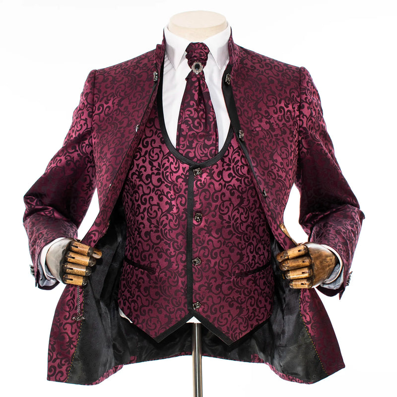 Wine Filigree 3-Piece Slim-Fit Tuxedo with Banded Collar