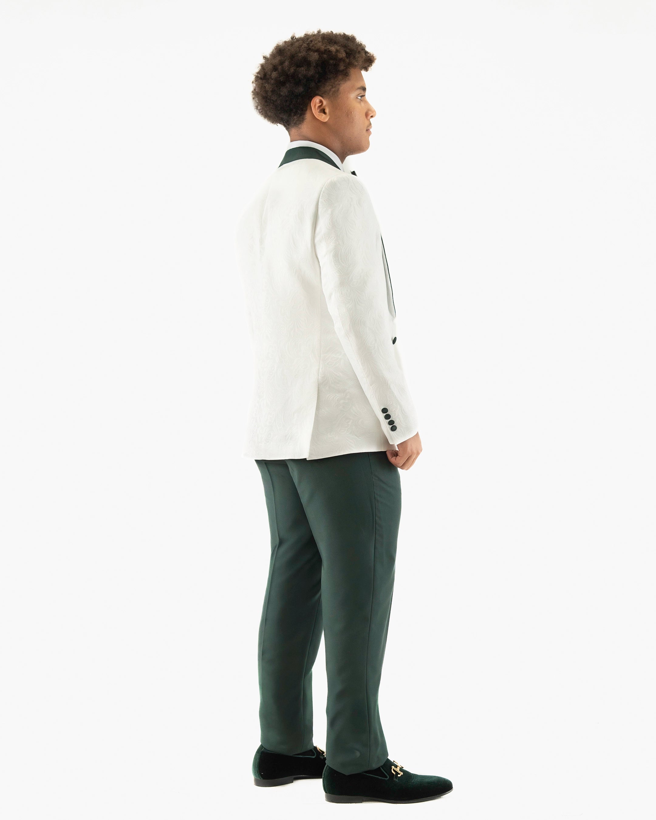 White Floral 3-Piece Tailored-Fit Tuxedo With Green Peak Lapel