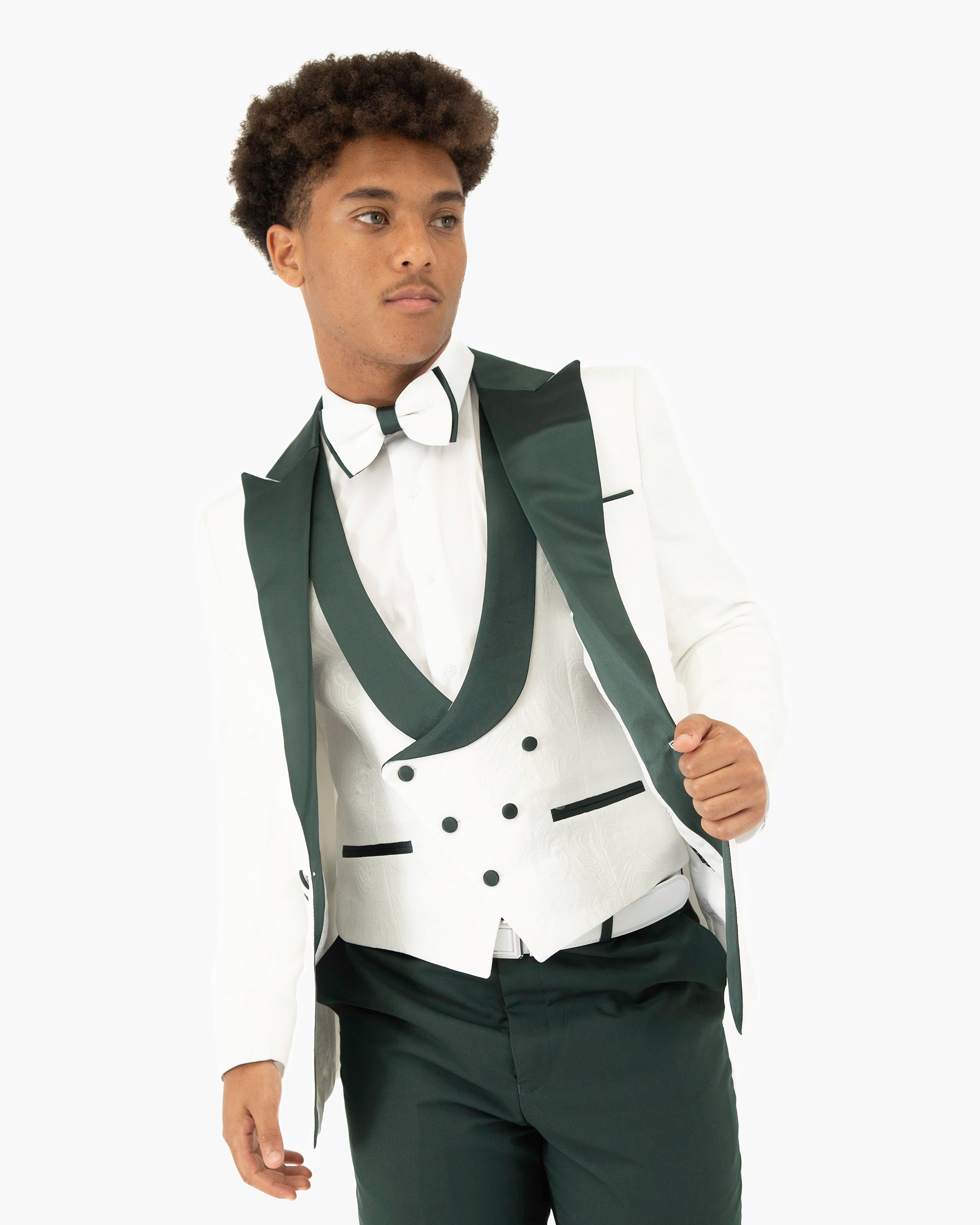 White Floral 3-Piece Tailored-Fit Tuxedo With Green Peak Lapel
