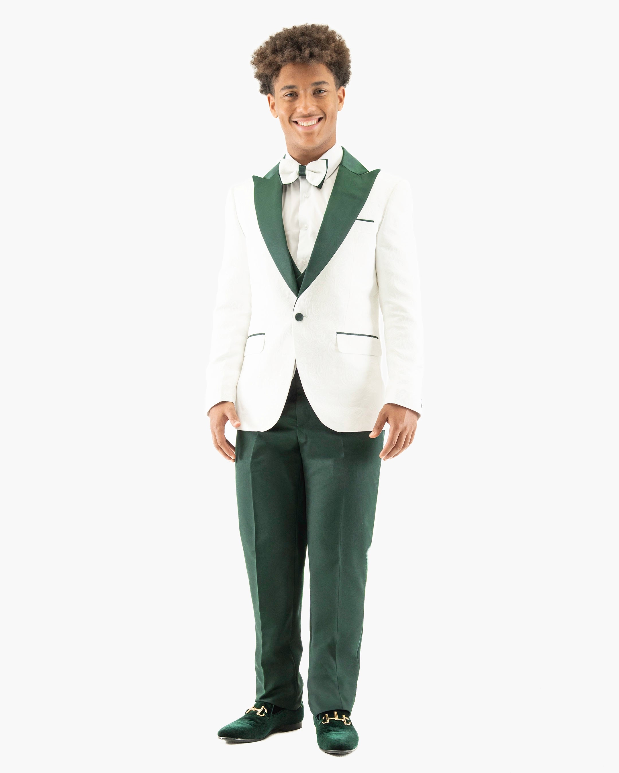 White Floral 3-Piece Tailored-Fit Tuxedo With Green Peak Lapel