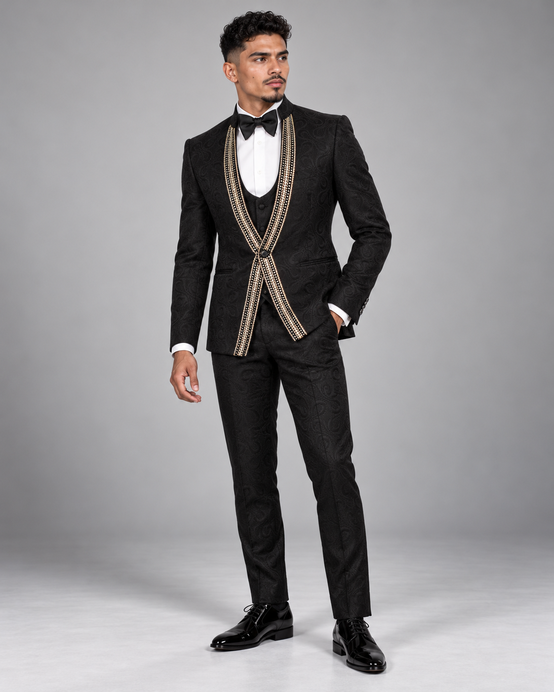 Black Infinity Jacquard With Gold Sequins 3-Piece Slim-Fit Tuxedo
