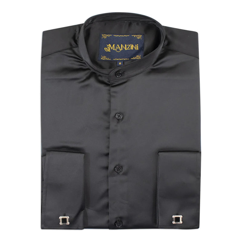 Black Band Collar Satin Dress Shirt