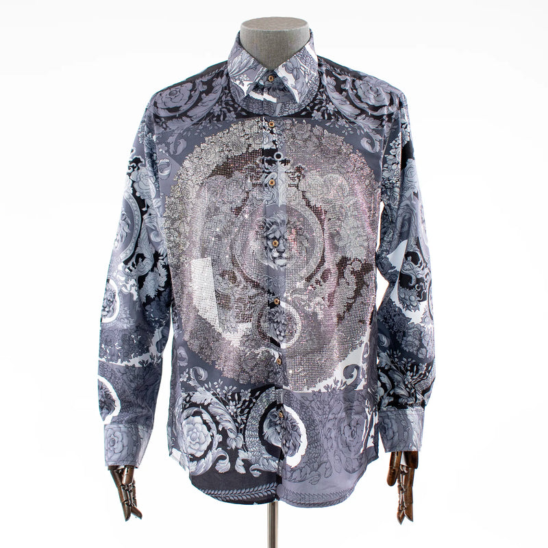 Men's Gray Lion Rhinestone Dress Shirt