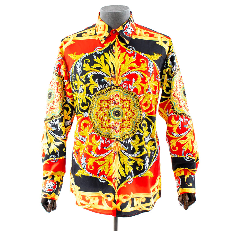 Red and Black Floral Mandala Rhinestone Regular-Fit Dress Shirt