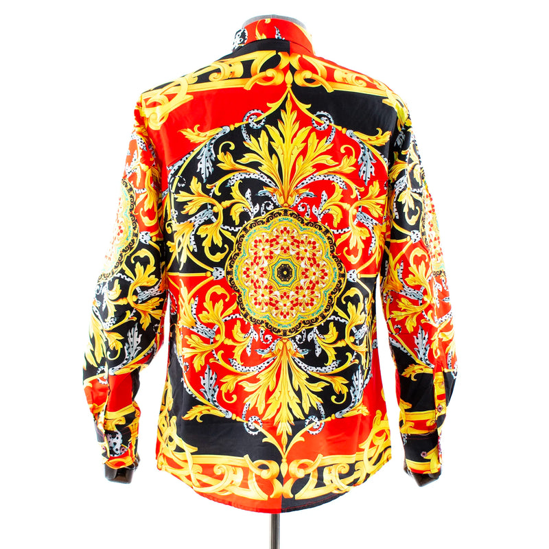 Red and Black Floral Mandala Rhinestone Regular-Fit Dress Shirt