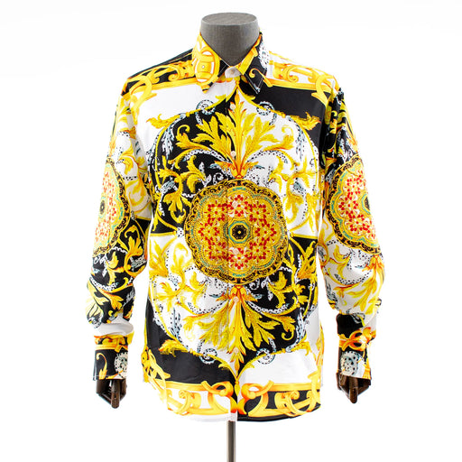 White And Black Floral Mandala Rhinestone Dress Shirt