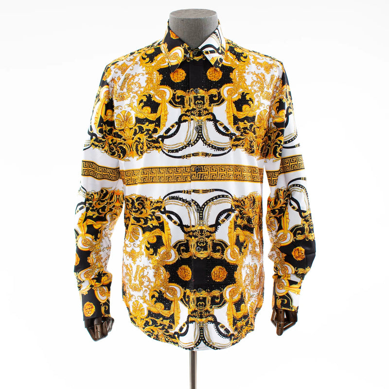 Men's Gold And Black Crown Rhinestone Dress Shirt