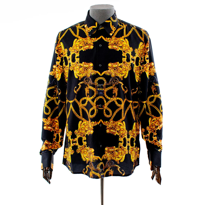 Men's Black And Gold Chained Rhinestone Dress Shirt