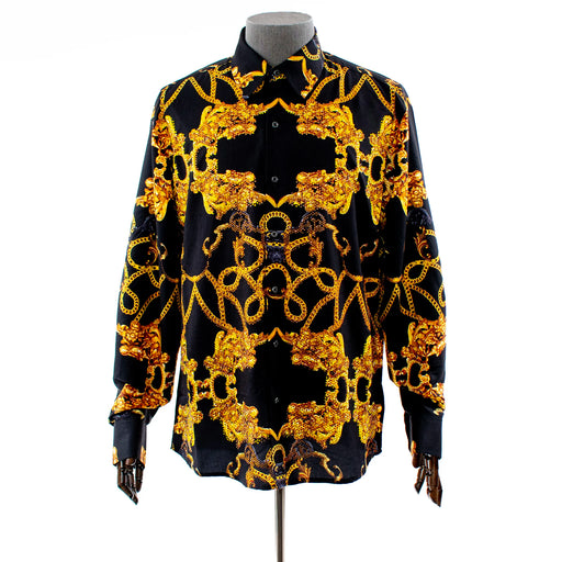Men's Black And Gold Chained Rhinestone Dress Shirt