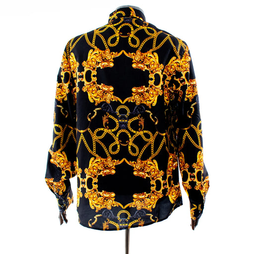 Men's Black And Gold Chained Rhinestone Dress Shirt