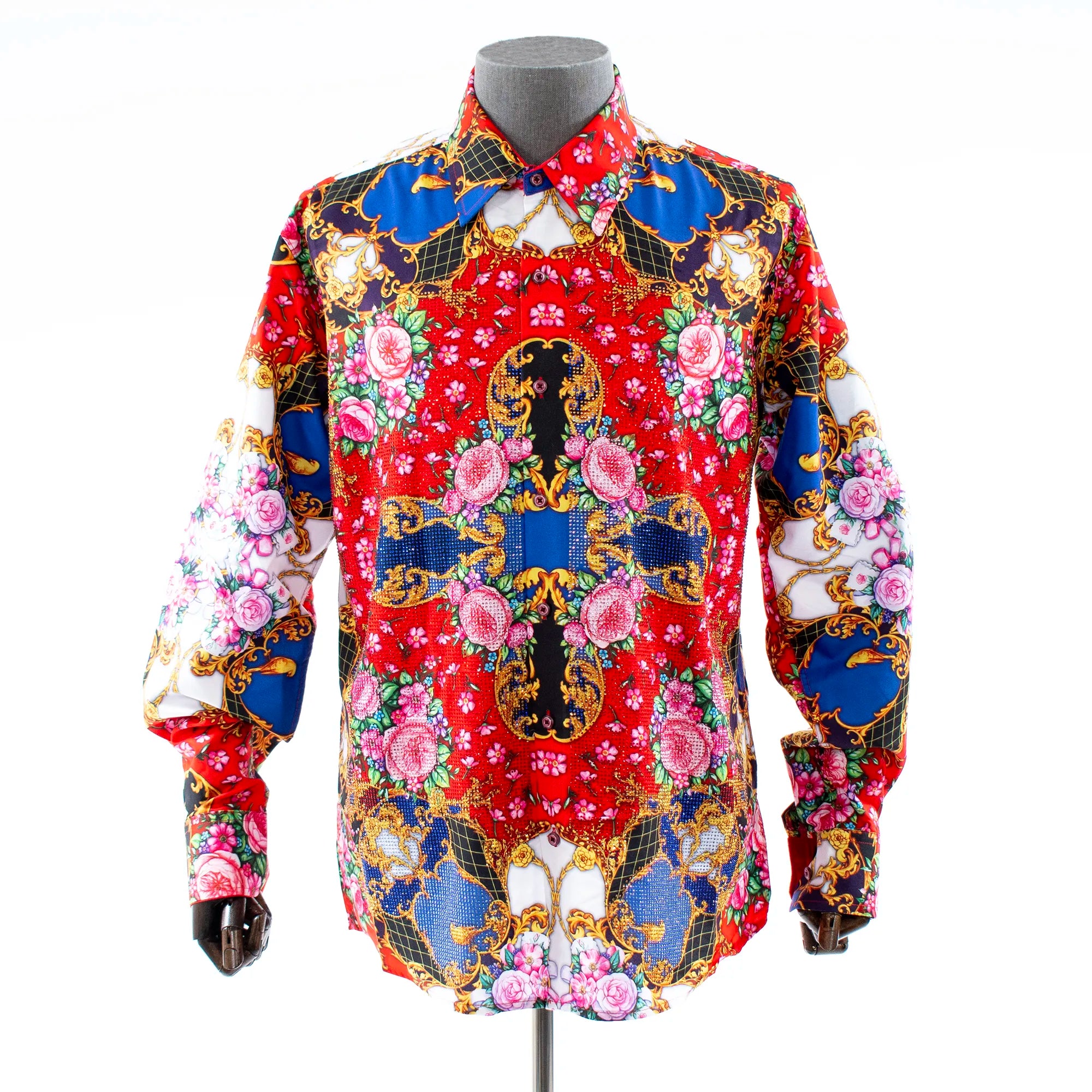 Red Floral Kaleidoscope Rhinestone Dress Shirt