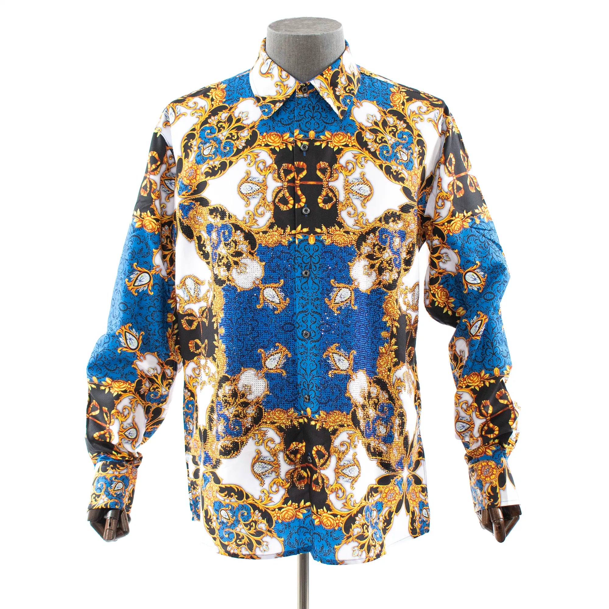 Blue Gold Gilded Rhinestone Regular-Fit Dress Shirt XL / Blue Blue Gold Gilded Rhinestone Regular-Fit Dress Shirt XL / Blue