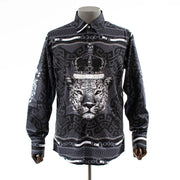Men's Black And White Leopard Rhinestone Dress Shirt