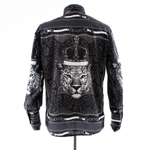 Men's Black And White Leopard Rhinestone Dress Shirt
