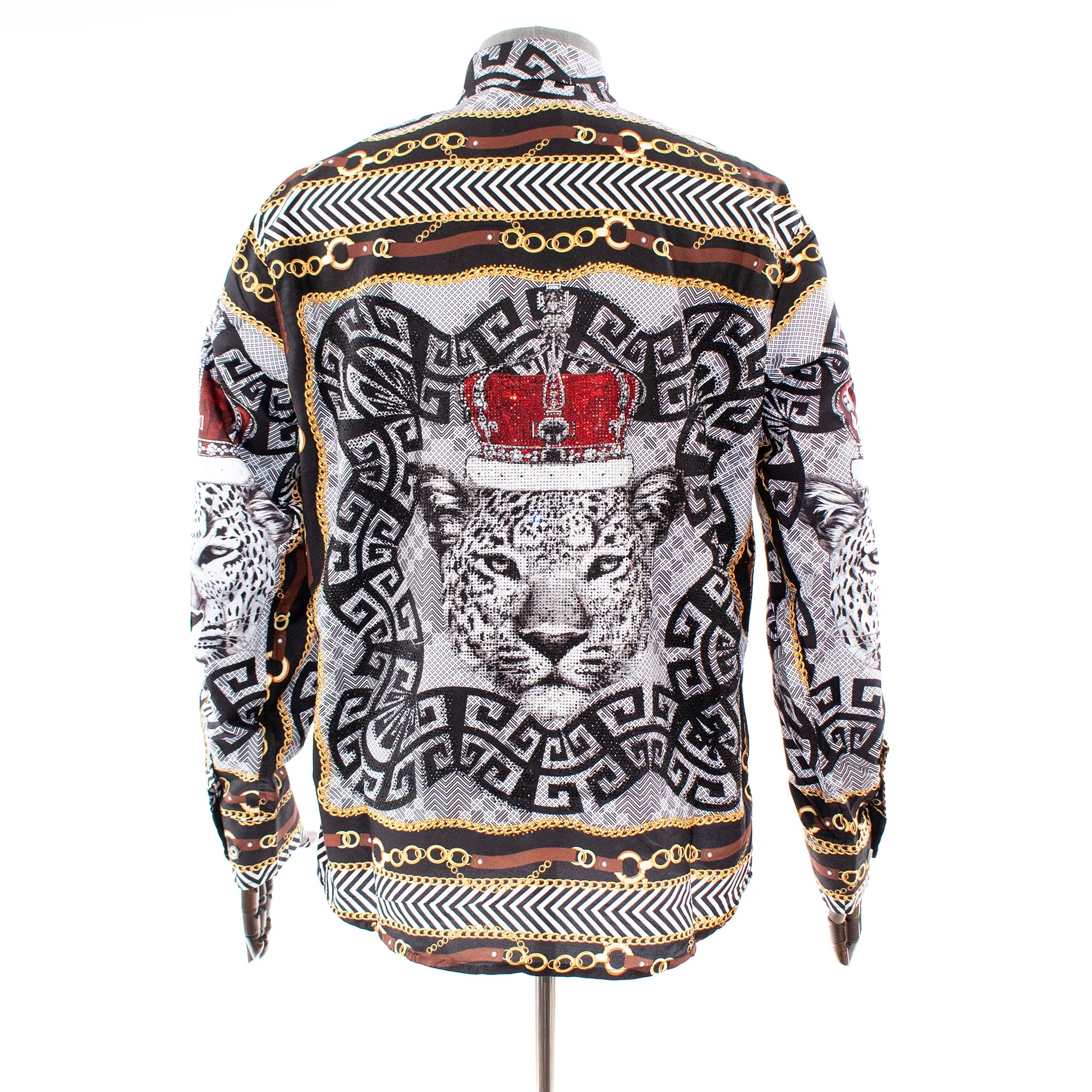 Men's Black And White Crown Leopard Rhinestone Dress Shirt