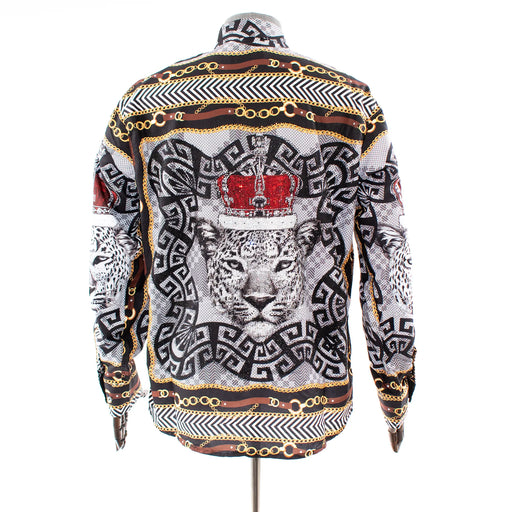 Men's Black And White Crown Leopard Rhinestone Dress Shirt