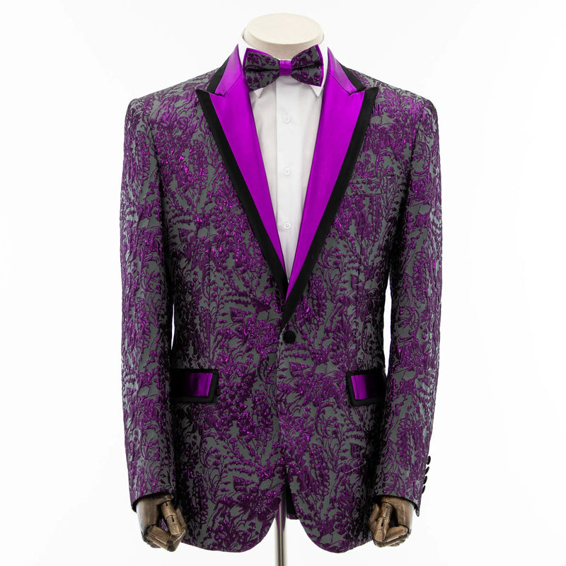 Dark Purple Metallic Floral Slim-Fit Dinner Jacket