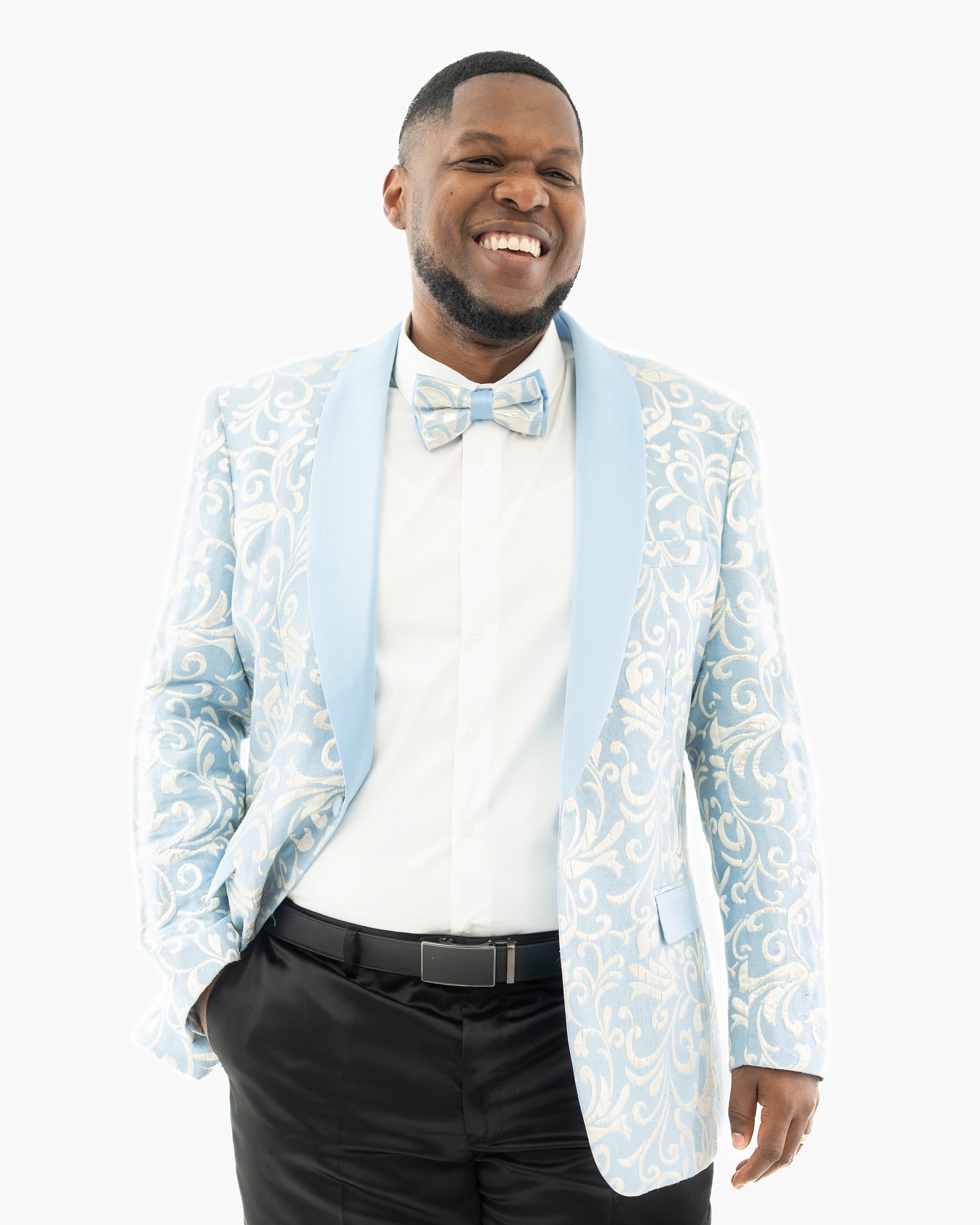 Sky Blue Scroll Textured Slim-Fit Jacket