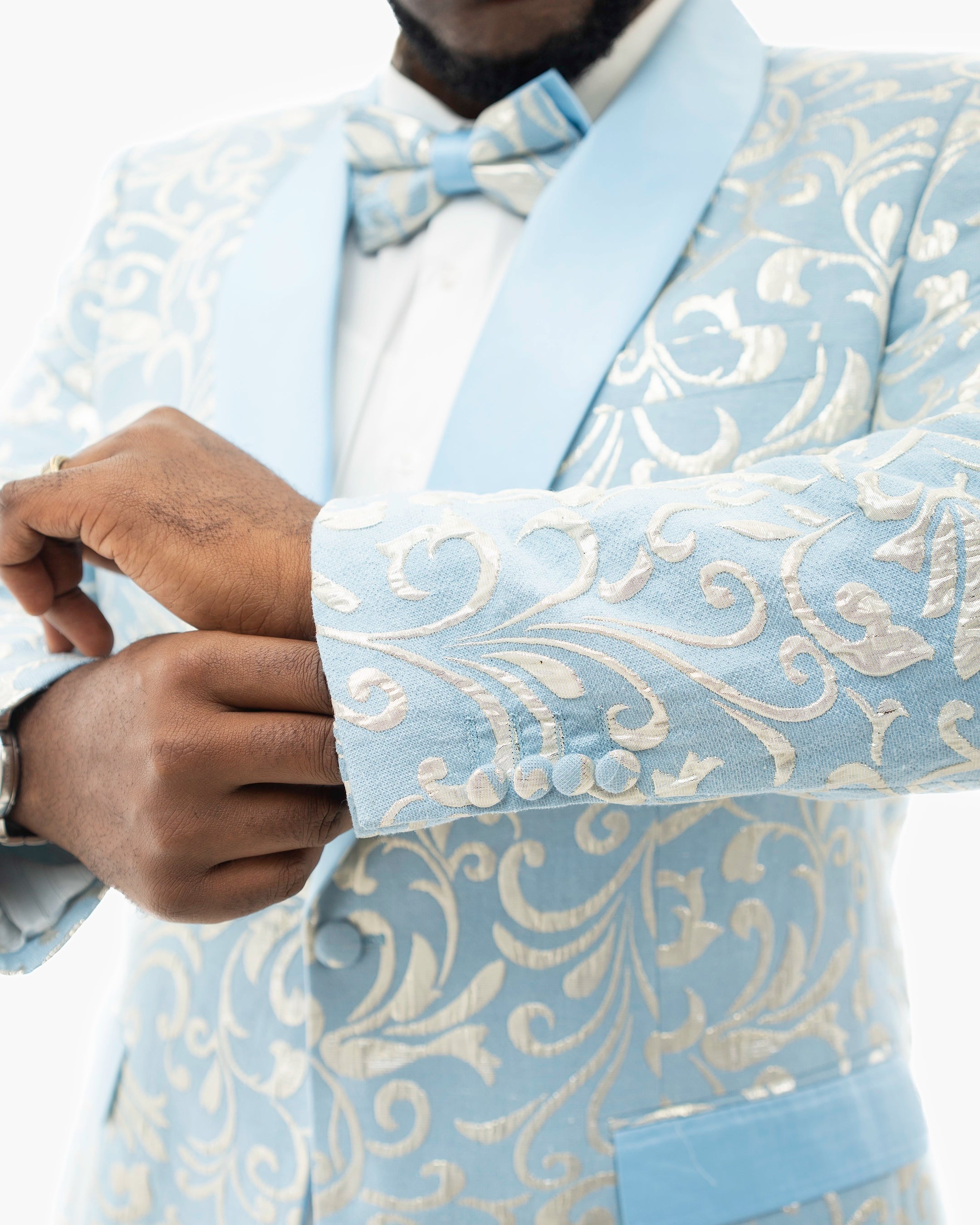 Sky Blue Scroll Textured Slim-Fit Jacket