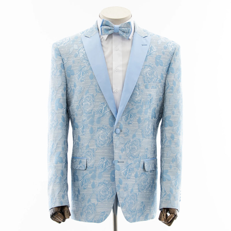 Blue Floral Slim-Fit Glitter Tuxedo Jacket