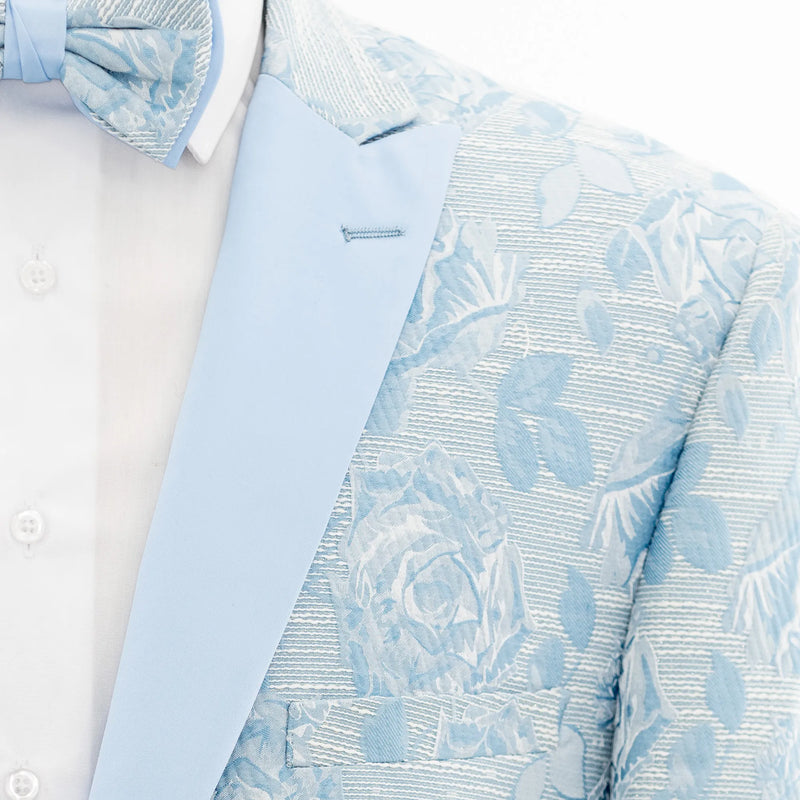 Blue Floral Slim-Fit Glitter Tuxedo Jacket