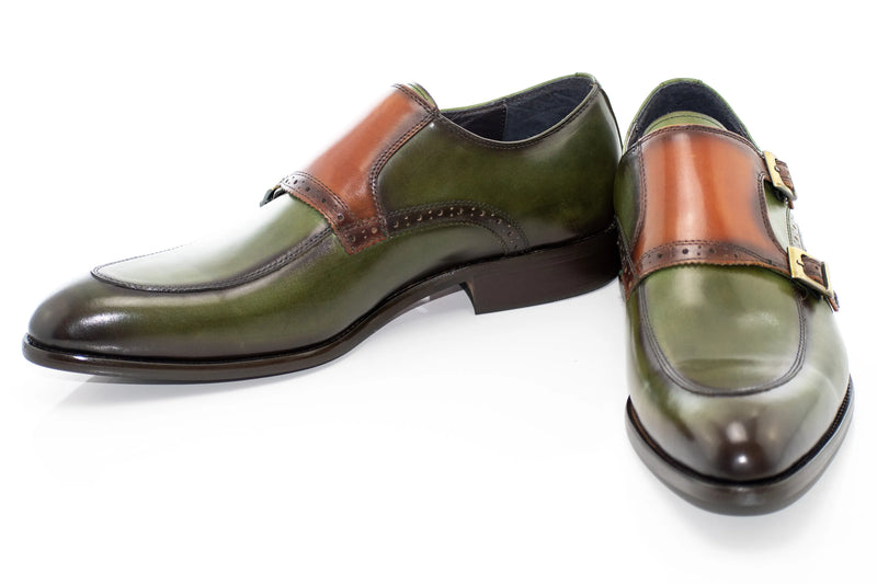 Olive and Cognac Moc-Toe Double Monk Strap