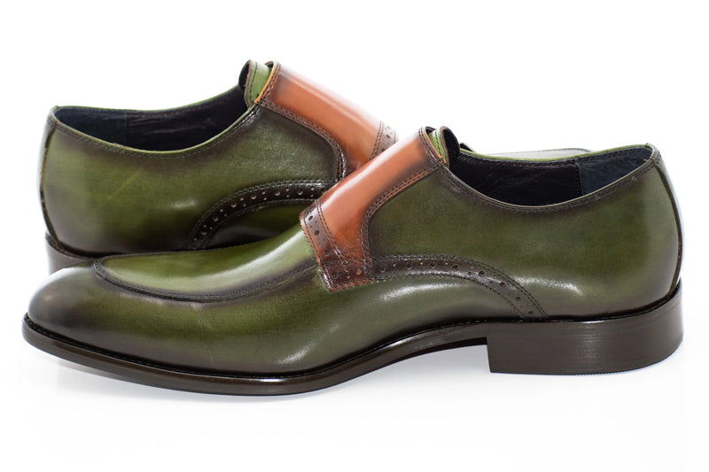 Olive and Cognac Moc-Toe Double Monk Strap