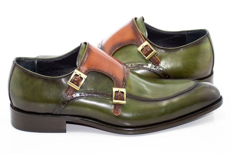 Olive and Cognac Moc-Toe Double Monk Strap