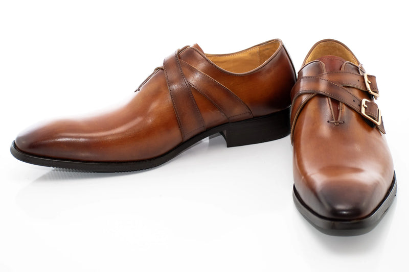Cognac Leather Crossed-Double Monk Strap Shoe
