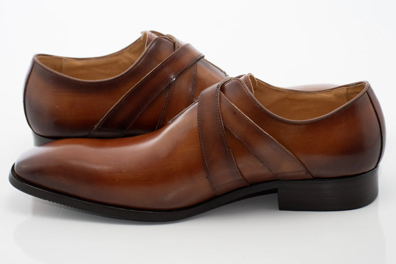 Cognac Leather Crossed-Double Monk Strap Shoe