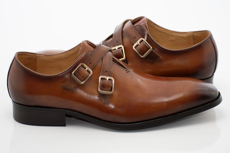 Cognac Leather Crossed-Double Monk Strap Shoe