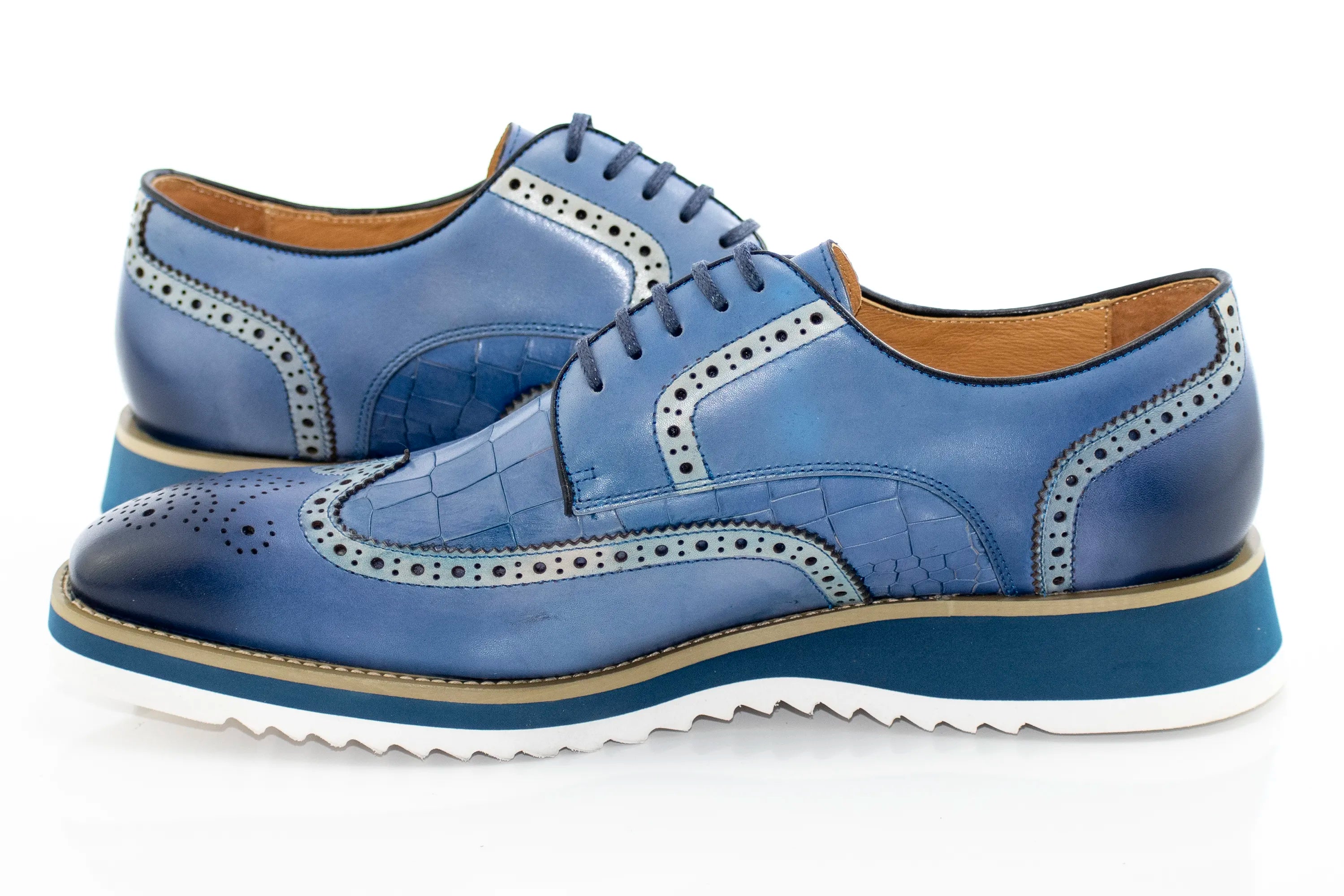Blue Brogue Leather Lace-Up Derby