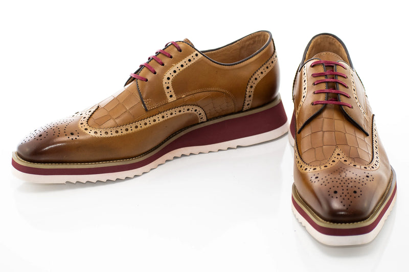 Camel Brogue Alligator Textured Wingtip Dress Shoes