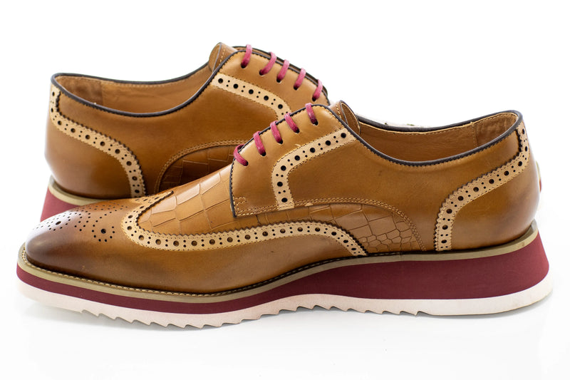Camel Brogue Alligator Textured Wingtip Dress Shoes