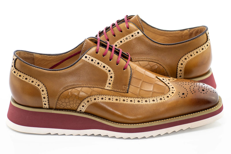 Camel Brogue Alligator Textured Wingtip Dress Shoes