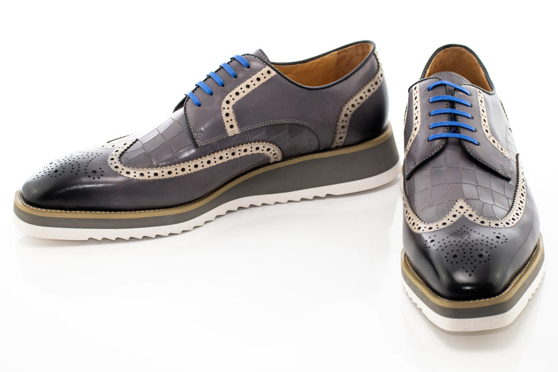 Gray Brogue Alligator Textured Wingtip Dress Shoes