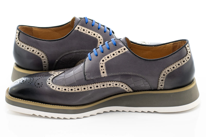 Gray Brogue Alligator Textured Wingtip Dress Shoes