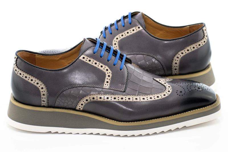 Gray Brogue Alligator Textured Wingtip Dress Shoes