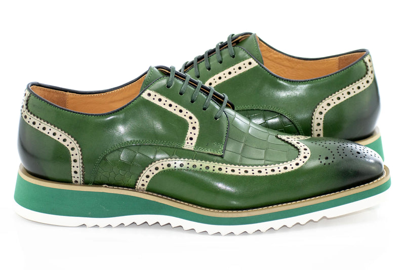 Olive Brogue Leather Lace-Up Derby
