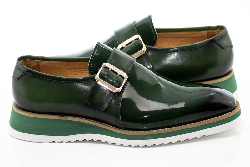 Olive Green Patent Leather Monk Strap Dress Shoe