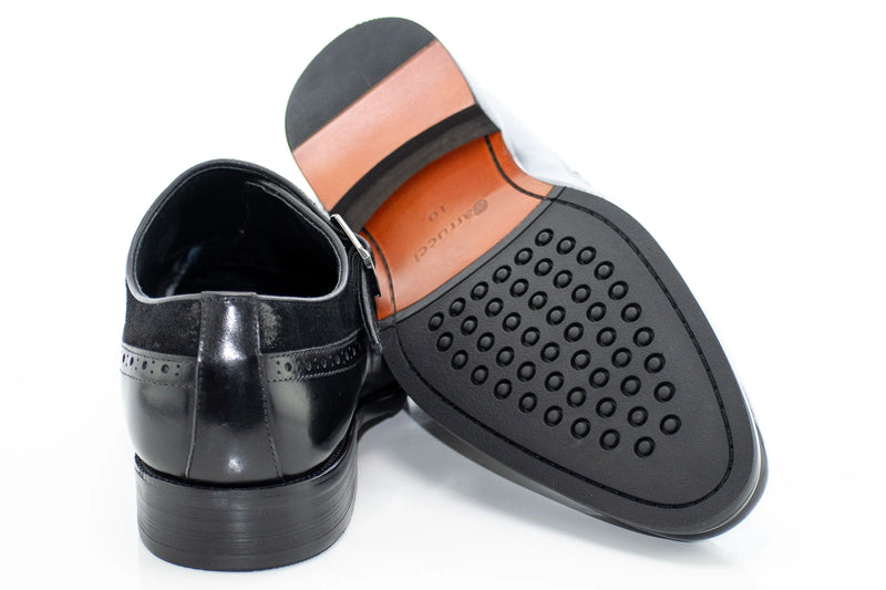 Black Suede and Leather Brogue Monk Strap Loafer
