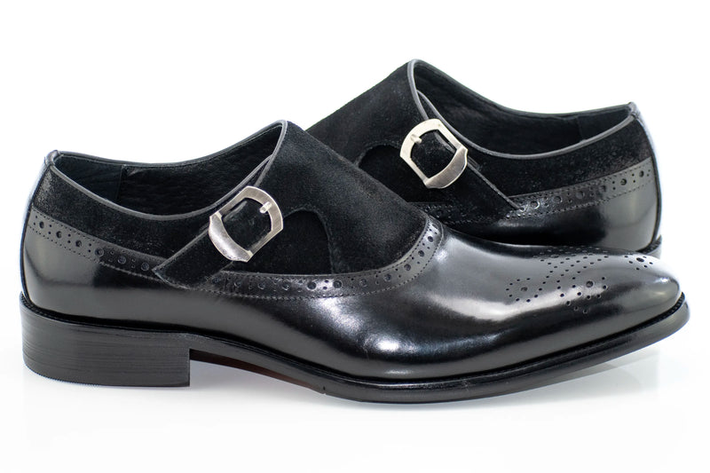 Black Suede and Leather Brogue Monk Strap Loafer