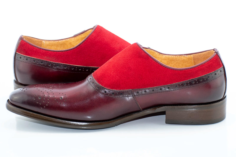 Burgundy Suede and Leather Brogue Monk Strap Loafer