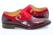 Burgundy Suede and Leather Brogue Monk Strap Loafer