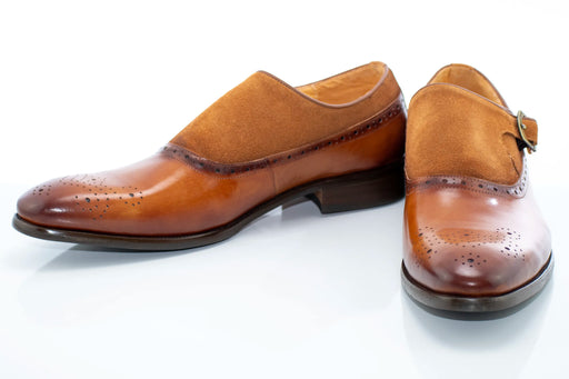 Cognac Suede and Leather Brogue Monk Strap Loafer