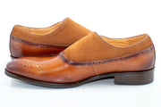Cognac Suede and Leather Brogue Monk Strap Loafer