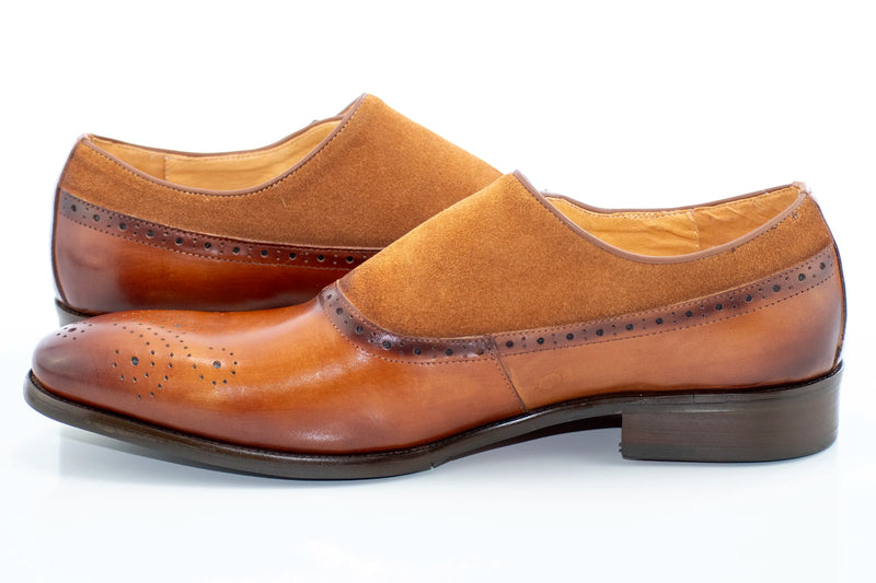 Cognac Suede and Leather Brogue Monk Strap Loafer