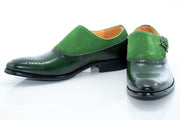 Emerald Green Suede and Leather Brogue Monk Strap Loafer